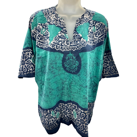 Gypsy Rose Boho Tunic Top Blue Green Batik Print Cotton Festival Shirt Free Size - Picture 1 of 8